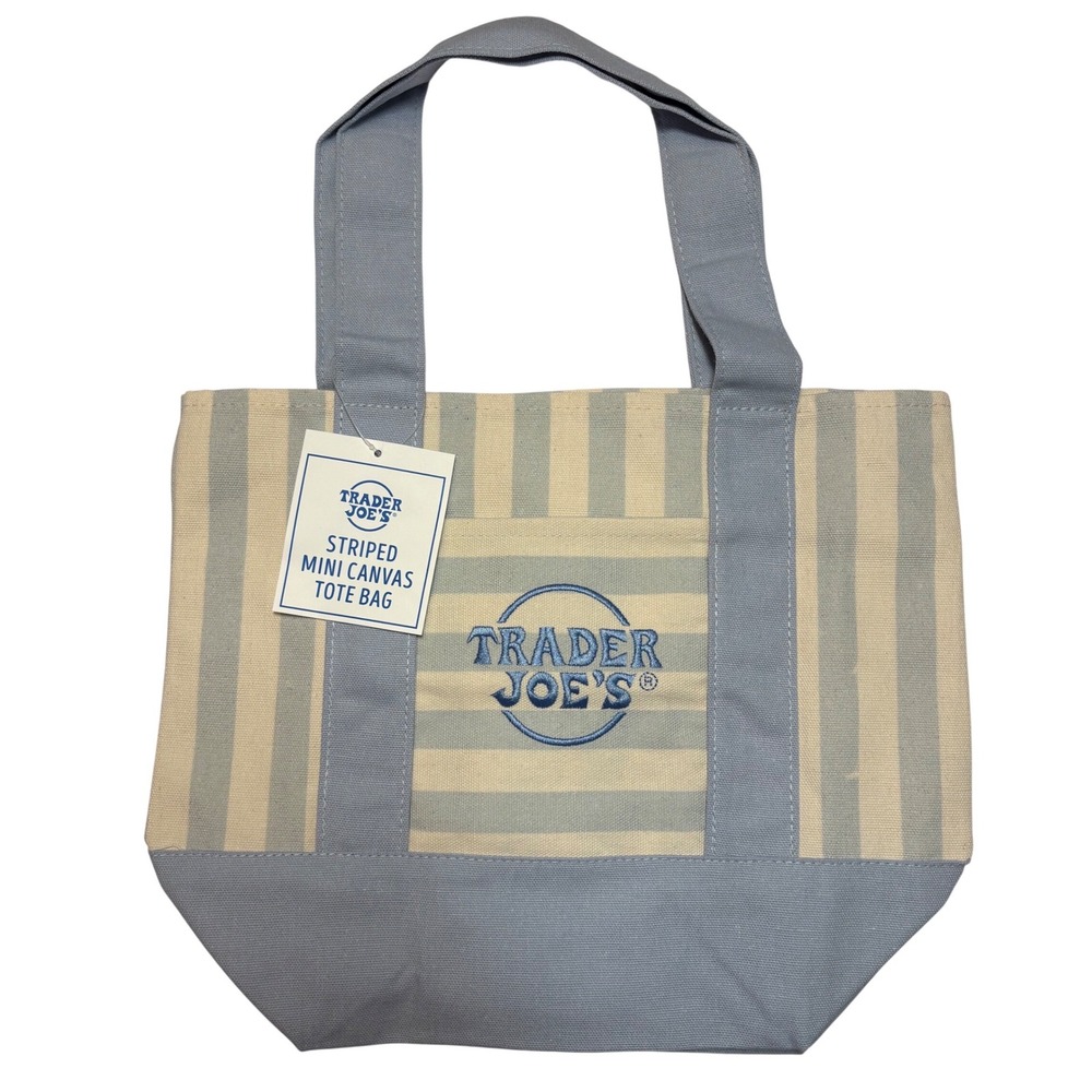 Trader Joe's LIMITED EDITION NWT Striped Mini Canvas‎ Tote Bag Blue Cream